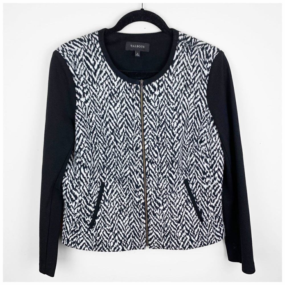Talbots B/W‎ Herringbone Zip Front Cropped Jacket Black Sleeves Sz 8